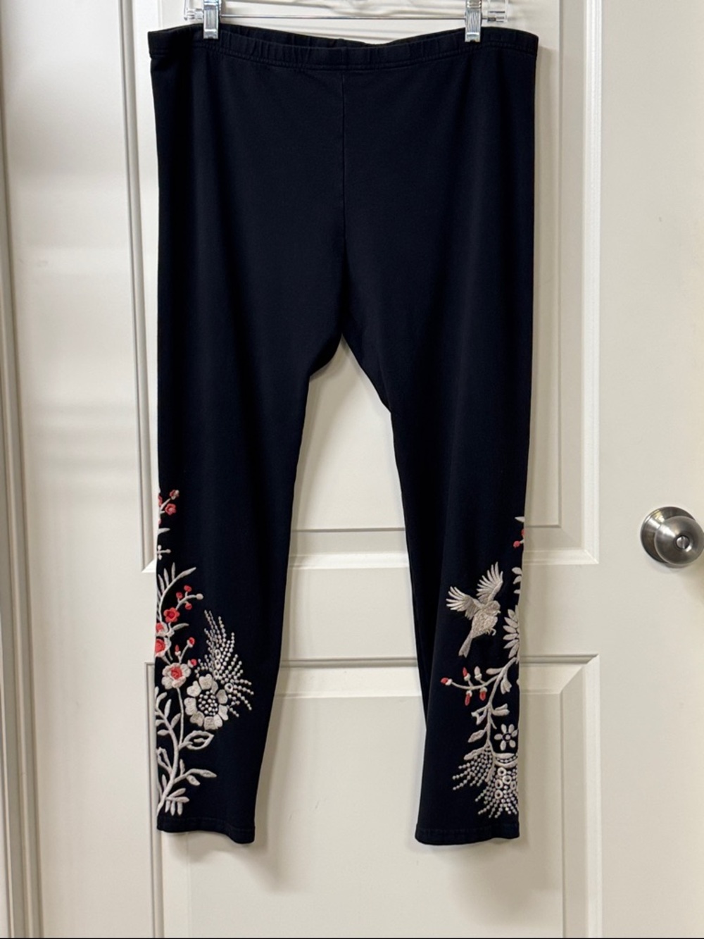 Embroidered Black Leggings with Floral Accent